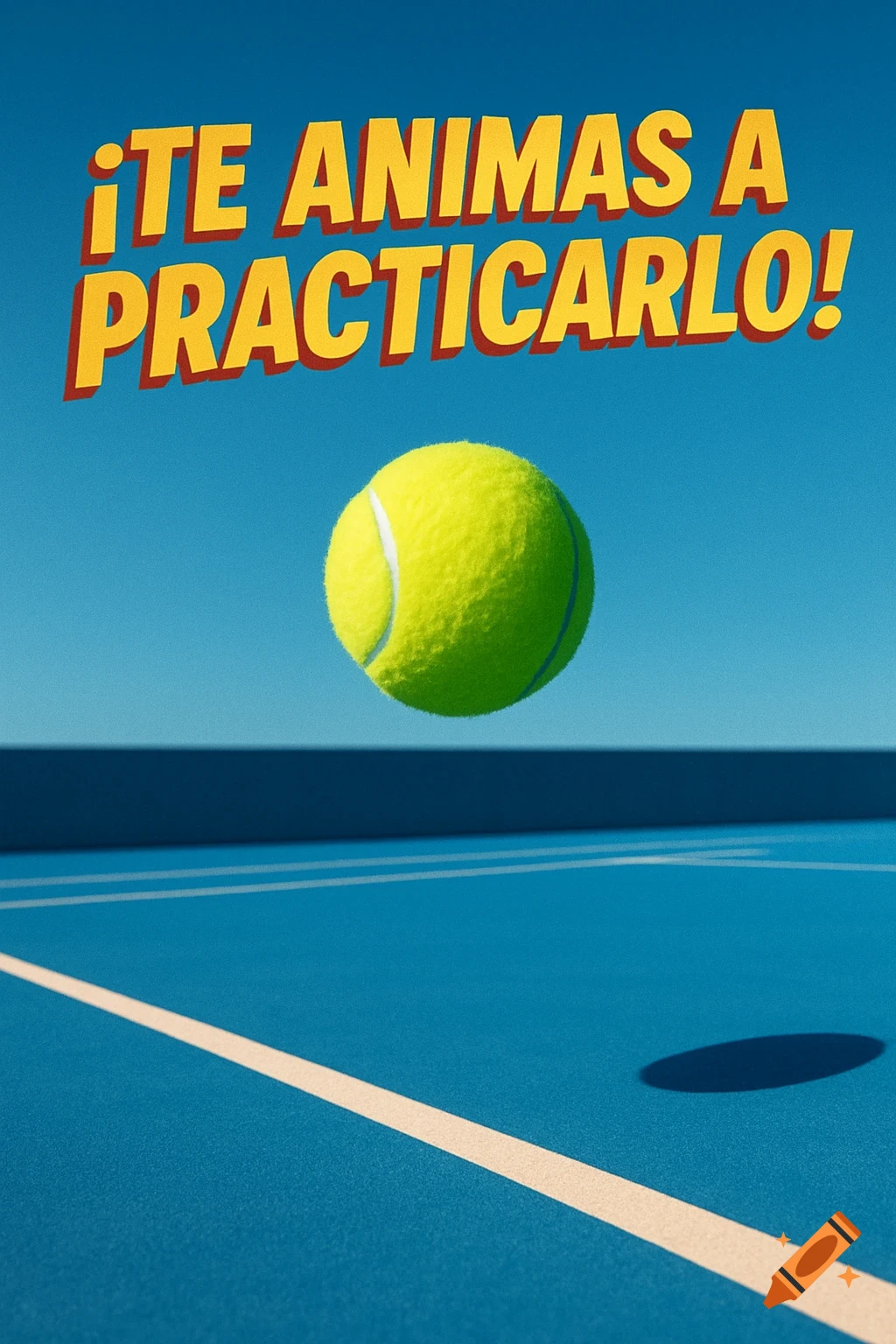 A vibrant yellow tennis ball floats above a blue tennis court with white lines, featuring the text '"TE ANIMAS A PRACTICARLO!"' in bold yellow letters against a clear blue sky.