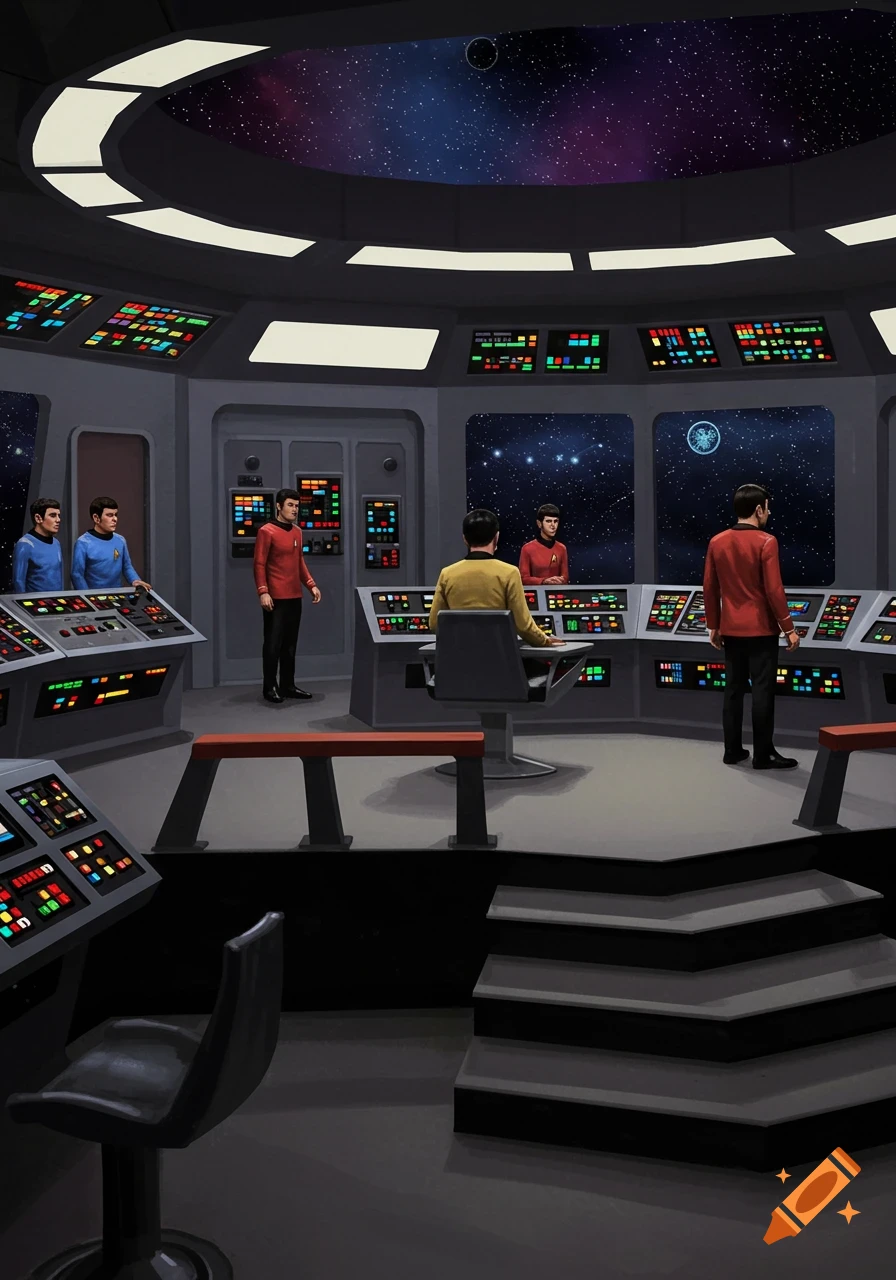 The bridge of a Star Trek Original Series starship, with crew members in classic uniforms at various stations.