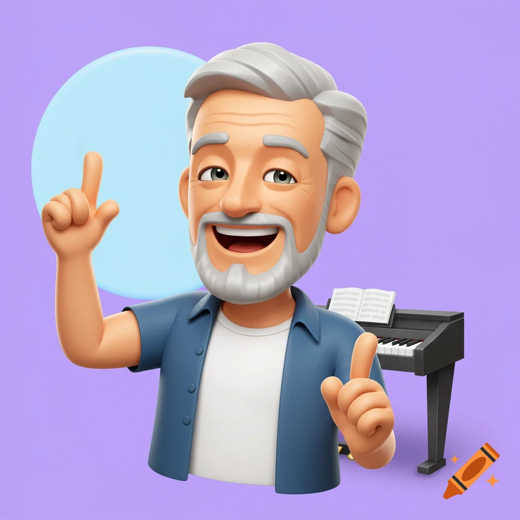 A friendly 3D cartoon illustration of a smiling, grey-haired man pointing up, with a piano and music book in the background.