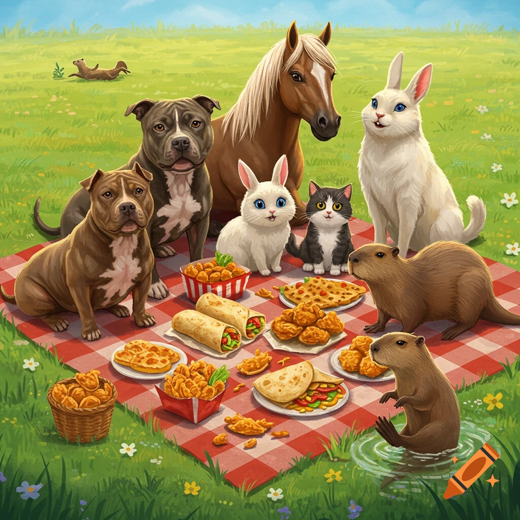 Illustrated animals: dogs, horse, bunnies, cat, capybaras, having a picnic with food on a red and white blanket in a grassy field.