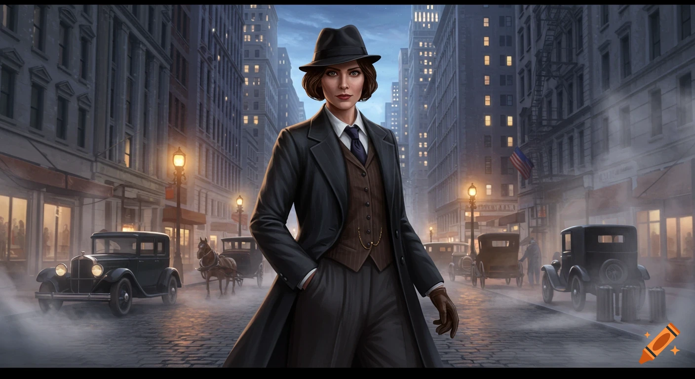 A woman in a fedora and suit stands confidently on a foggy 1920s city street with vintage cars and tall buildings.
