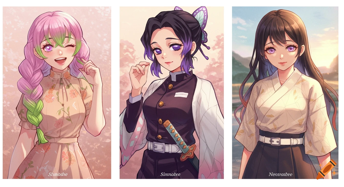 Three anime-style girls, Mitsuri, Shinobu, and a third girl, each in civilian attire on individual panels.