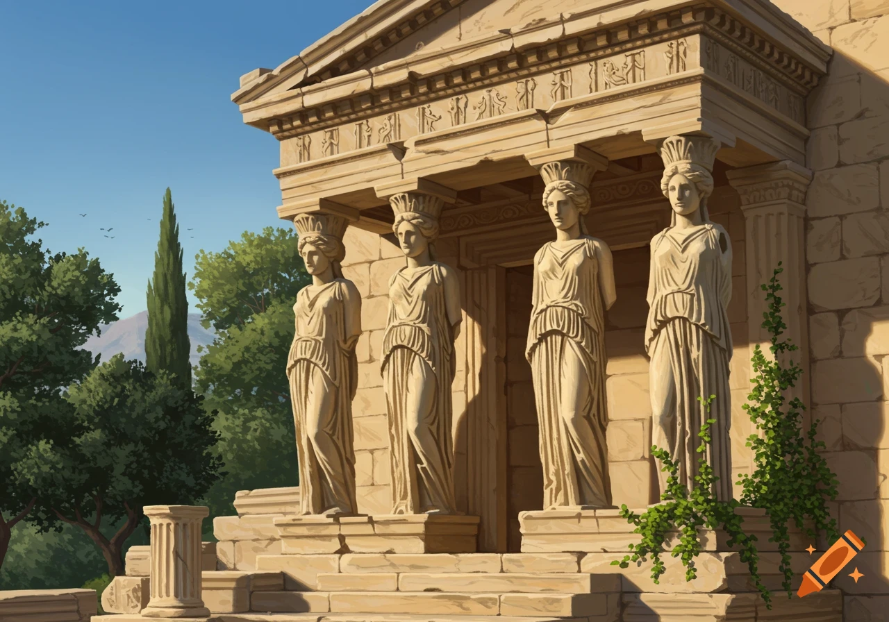Four Karyatid statues support the facade of a classical Greek temple under a clear blue sky, surrounded by green trees.