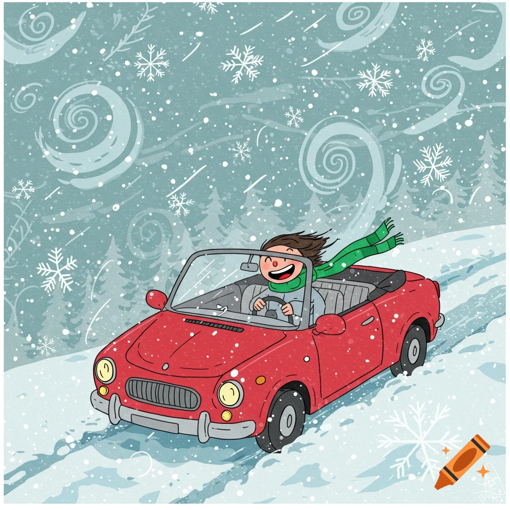A happy cartoon person with a green scarf driving a red convertible in a snowstorm, surrounded by snowflakes.
