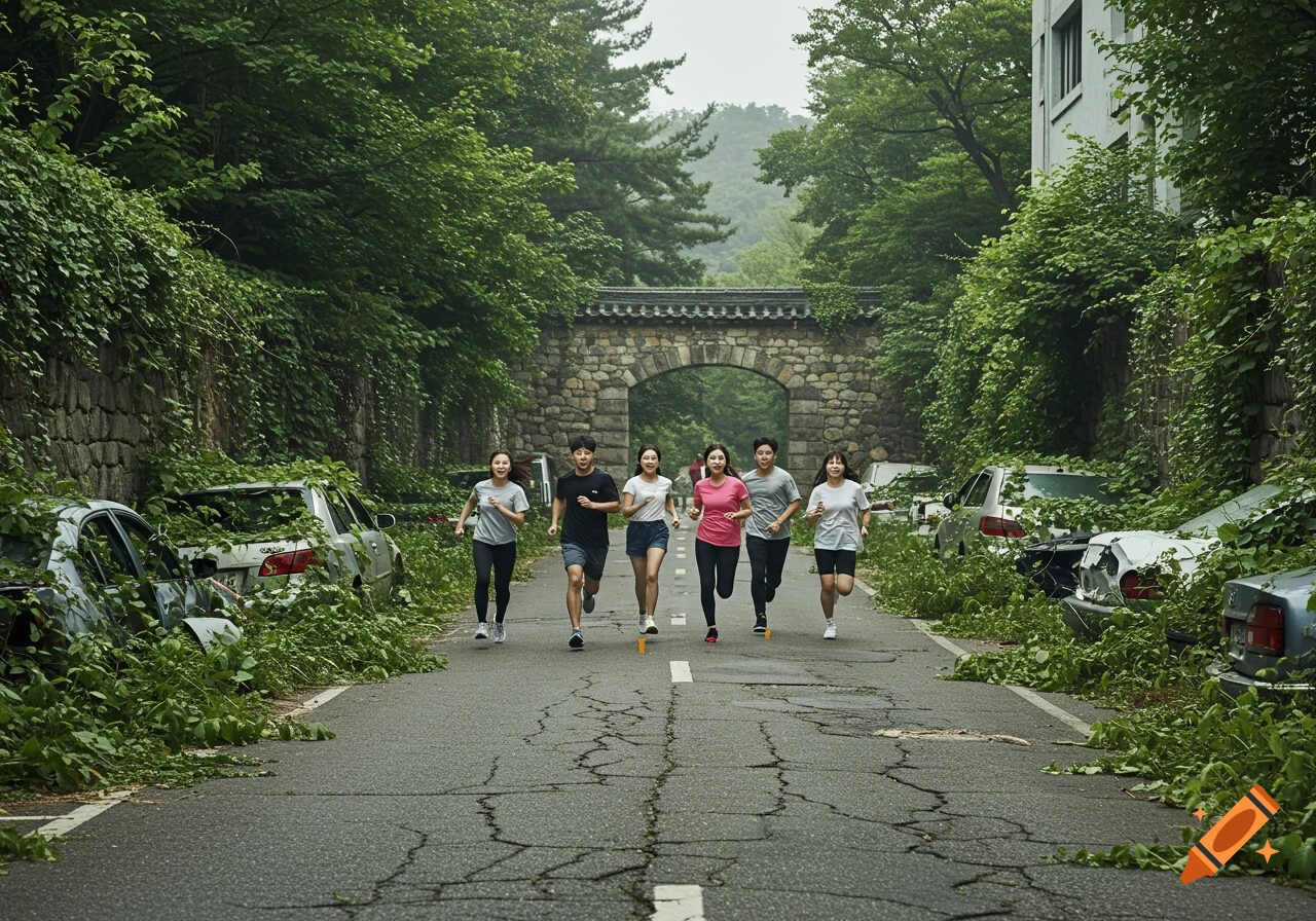 Six people run down a cracked, overgrown road lined with abandoned, vine-covered cars and trees, towards a stone archway, in a photorealistic style.