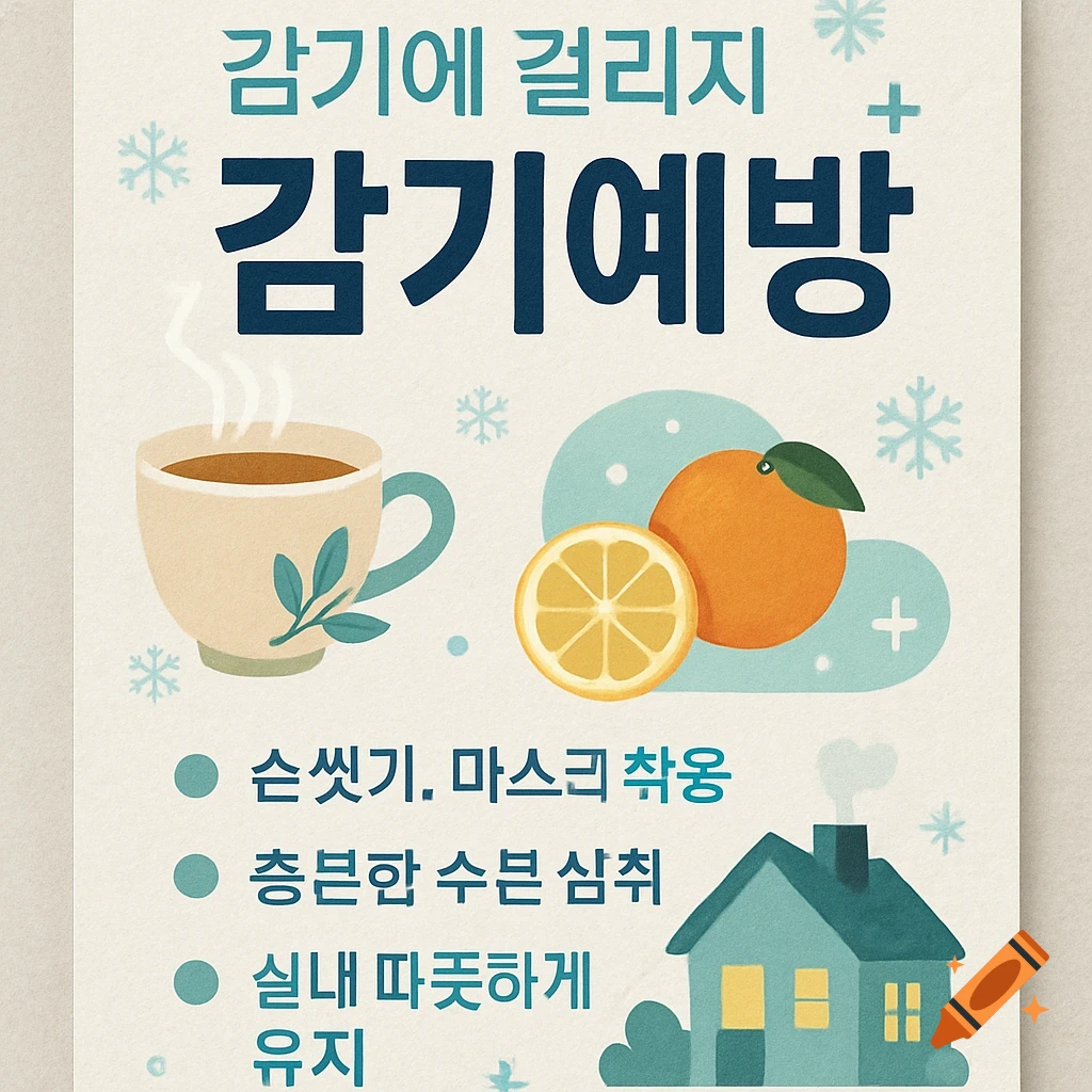 An illustrated Korean pamphlet about cold prevention, featuring a mug, citrus fruits, snowflakes, and a house.
