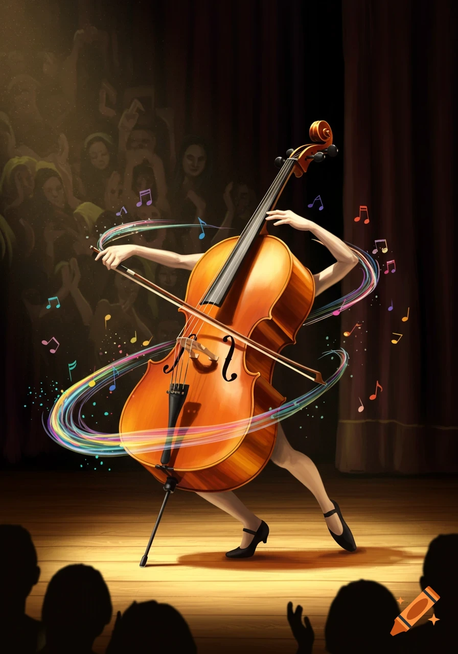 A cello with human limbs dances and plays itself on a stage, surrounded by colorful musical notes.