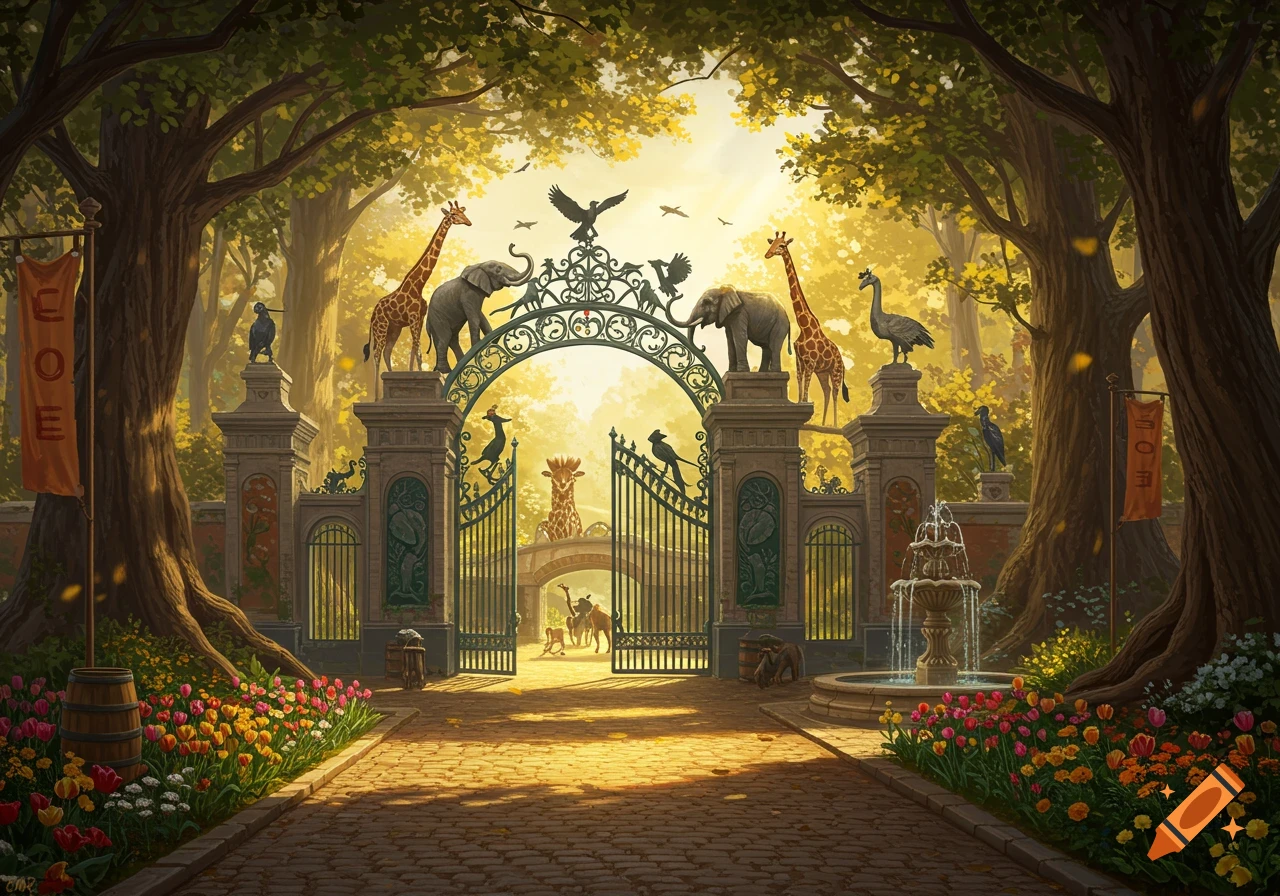 A grand, fantastical zoo entrance with animal statues, lush trees, flowers, and a fountain, bathed in golden light.