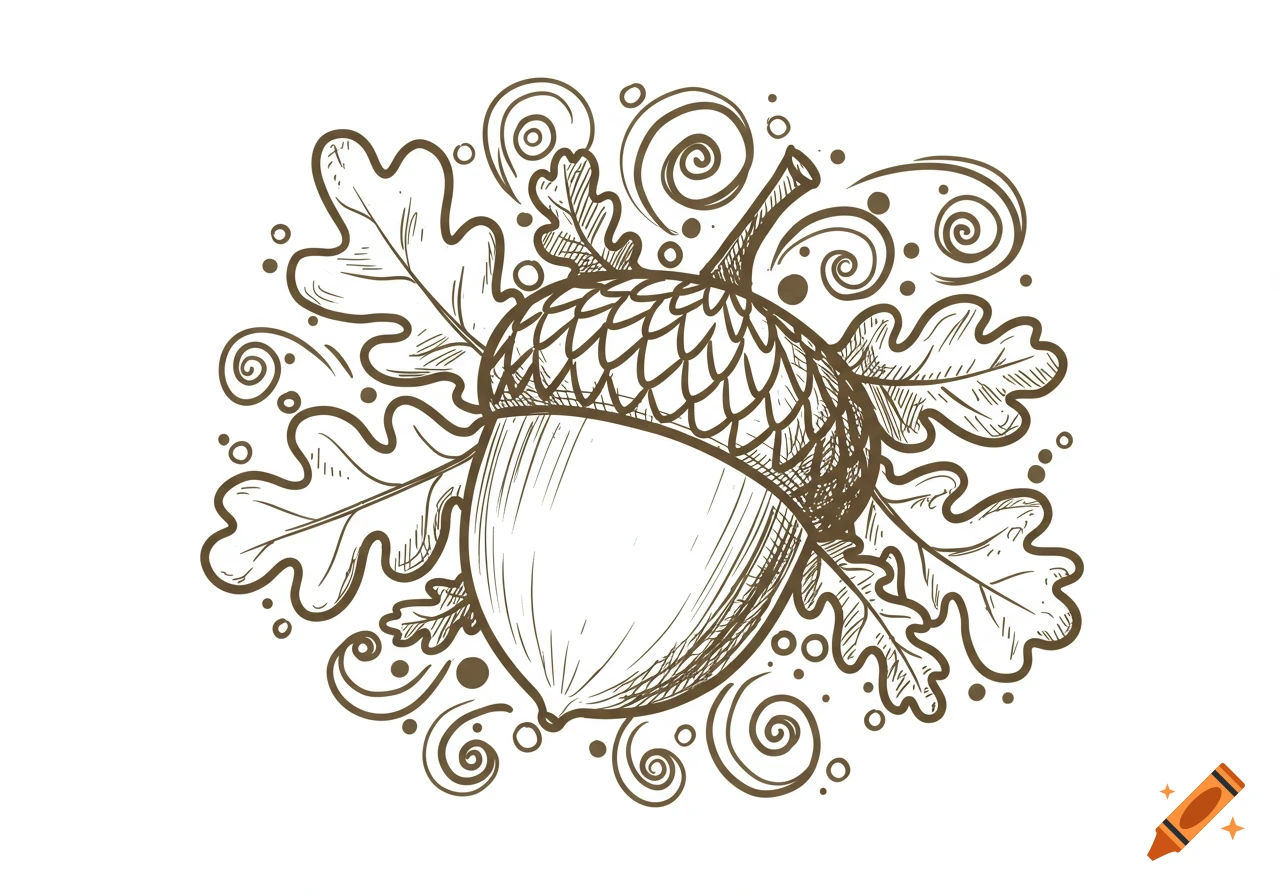 A detailed doodle-style line art drawing of an acorn surrounded by oak leaves and decorative swirls on a white background.