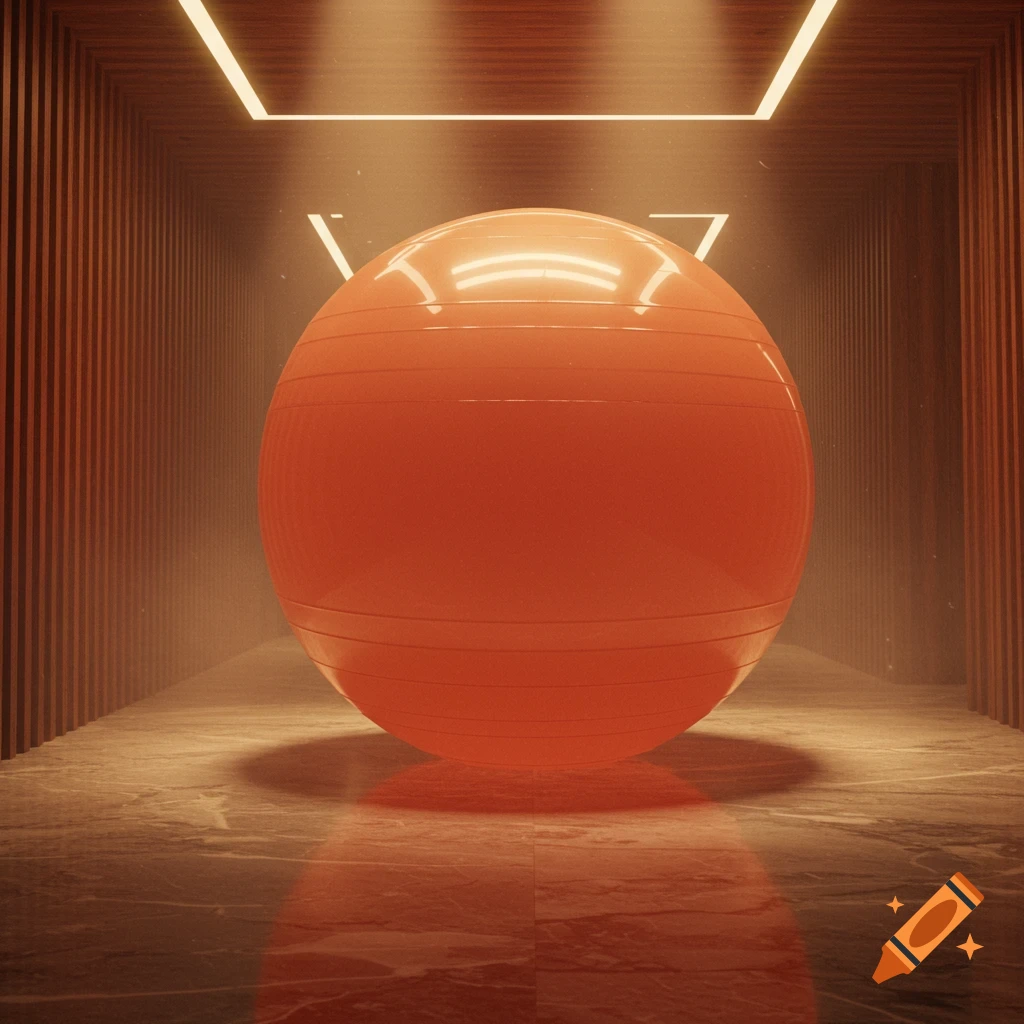 A large peach exercise ball sits in a dark, modern room with glowing neon lights and slatted wooden walls, photorealistic.