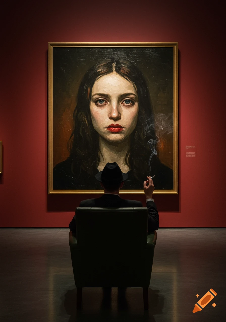 A man in a fedora sits in an armchair, smoking, facing a large oil portrait of a woman in a dark art gallery.