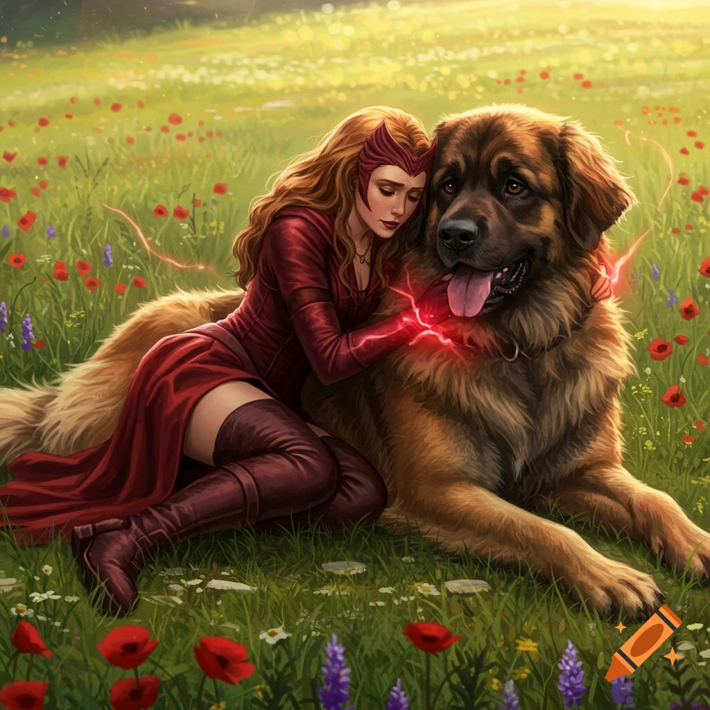 Scarlet Witch cuddles a large Leonberger dog in a sunny flower field, with red magic glowing from her hands. Digital art.