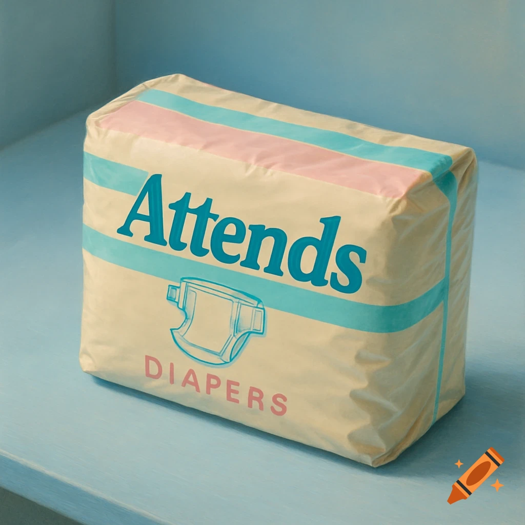 A package of vintage Attends diapers with blue and pink stripes rests on a light blue tabletop.