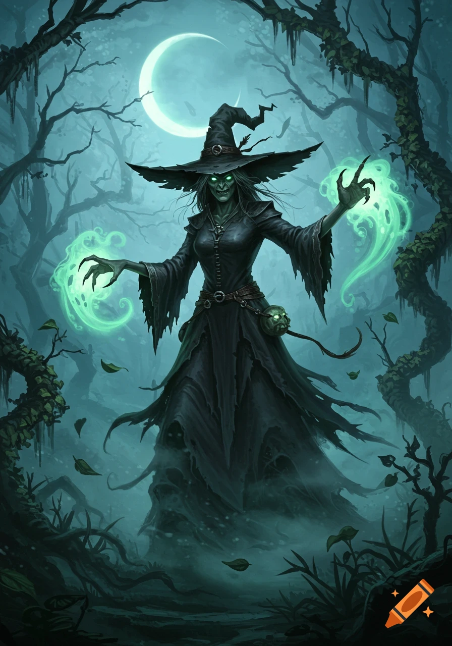 Dark fantasy illustration of a gnarled witch with glowing green eyes and magic, standing in a spooky forest under a crescent moon.