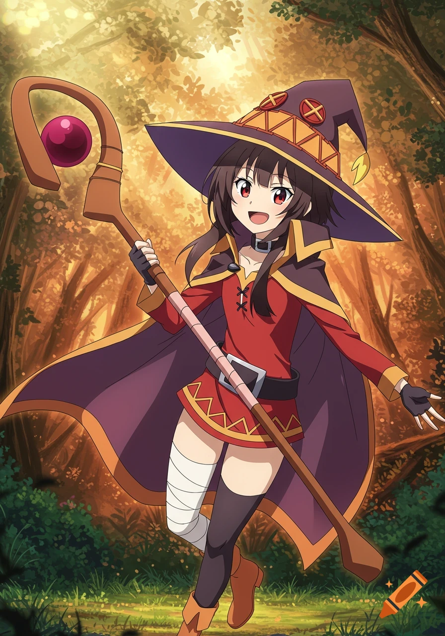 Anime character Megumin in a witch's hat, red dress, and cloak, holding a magical staff in a sunlit forest.