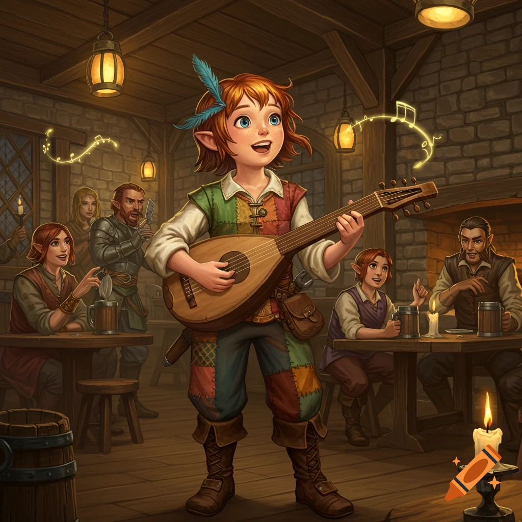 A cheerful, red-haired elf-like bard with a feather in their hair plays a lute and sings in a cozy tavern, in a D&D style illustration.