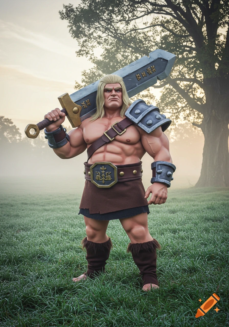 A muscular man in barbarian cosplay, with a large sword, standing in a misty, grassy field at dawn.