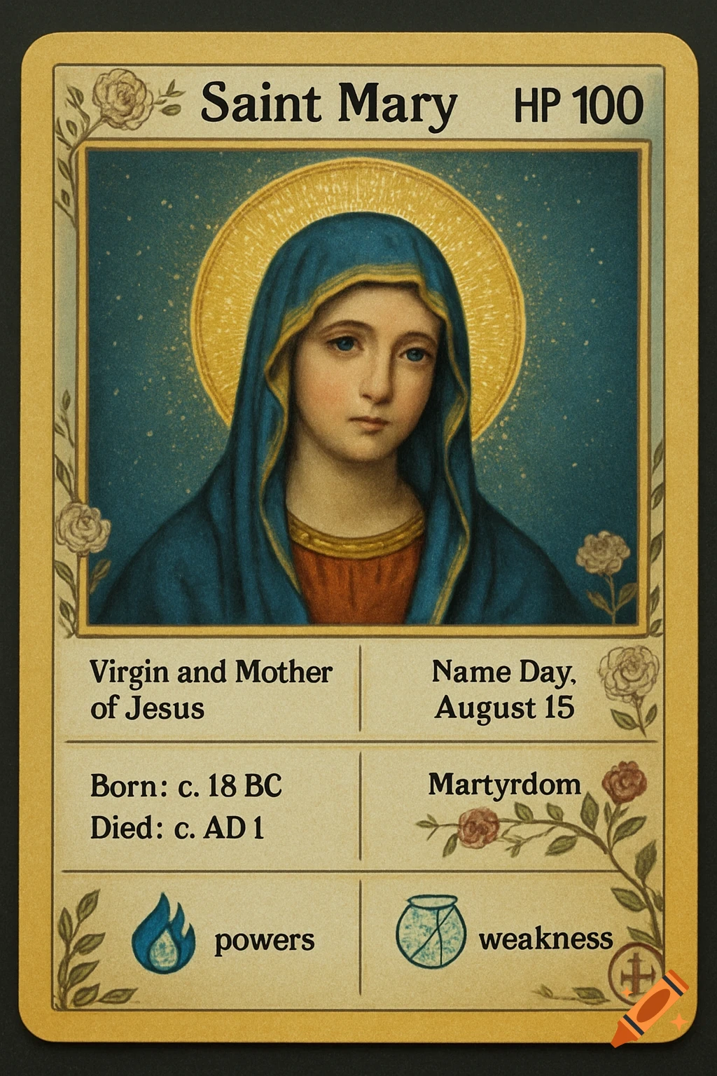 A Pokemon-style trading card depicting Saint Mary with a halo, wearing a blue veil over a red dress, against a blue starry background. The card includes text about her life, powers, and weaknesses, with decorative floral borders.