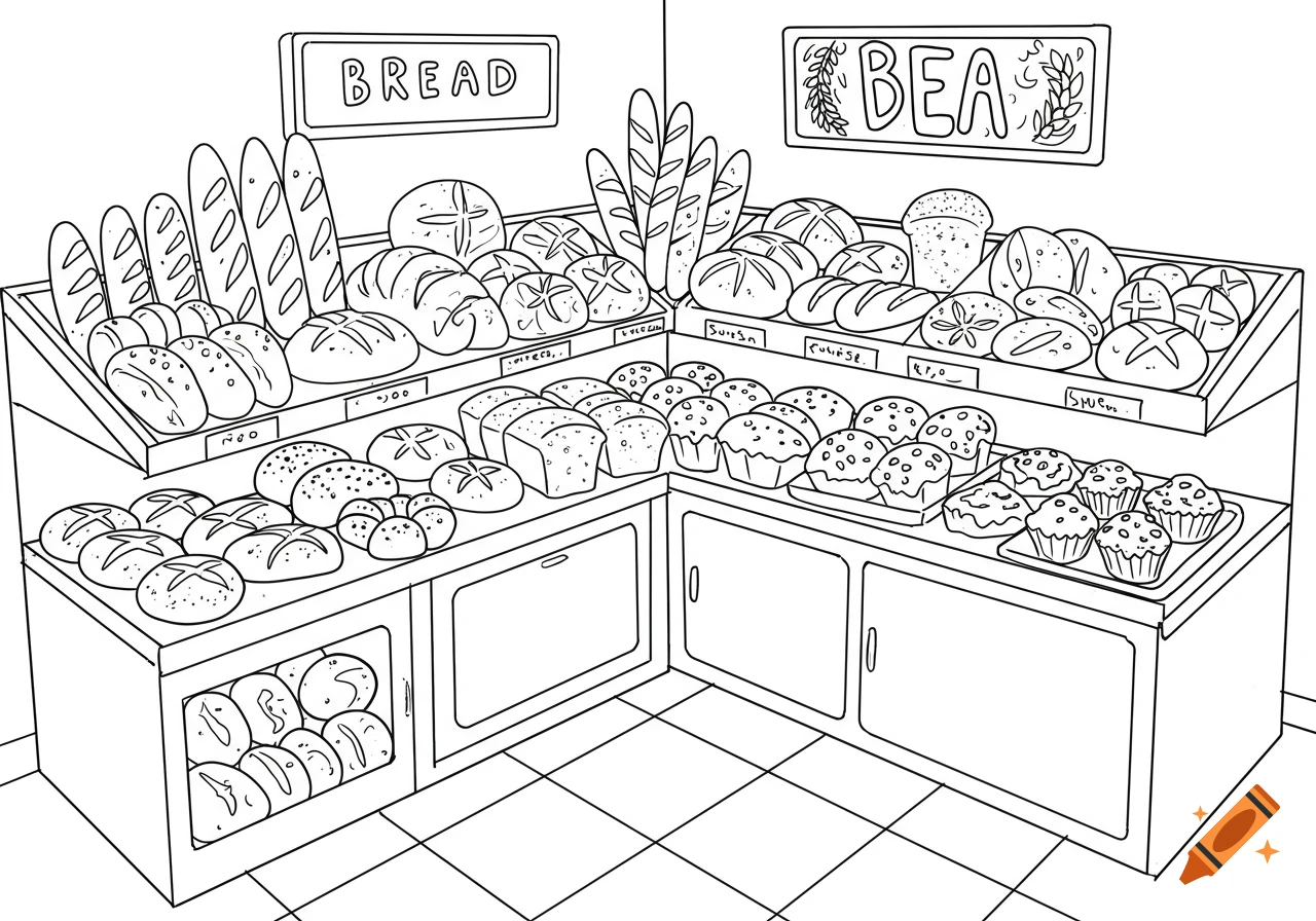 Black and white cartoon line art illustration of a corner bread shop display filled with various loaves of bread, baguettes, rolls, and muffins on shelves and in a lower cabinet.