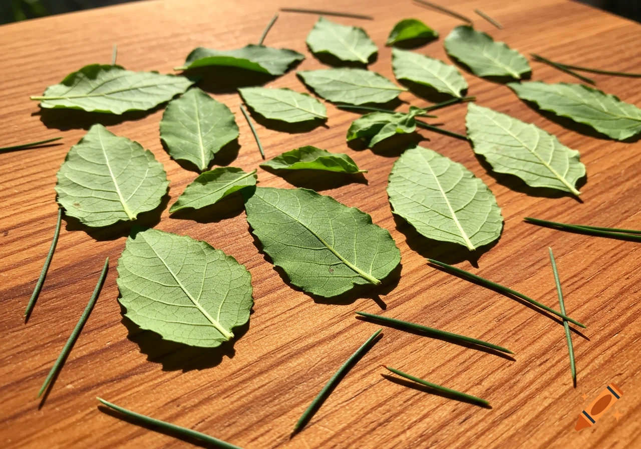 Green leaves and pine needles scattered on a textured wooden surface, bathed in sunlight.