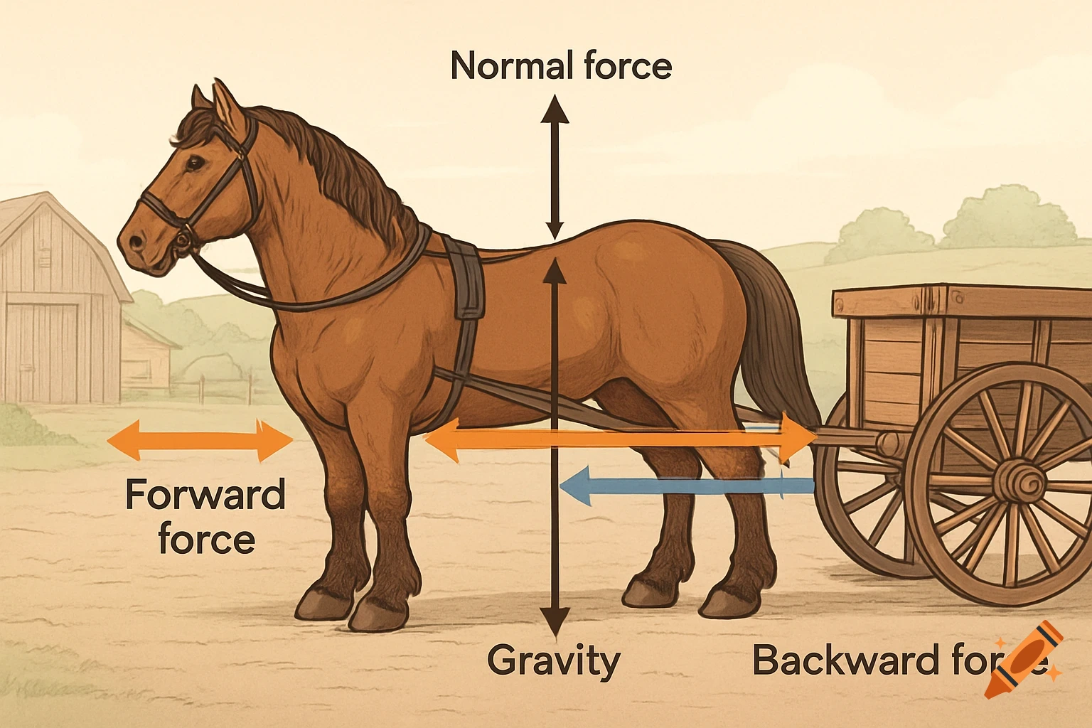 An illustration of a horse pulling a cart, showing a free body diagram with arrows for Normal force, Gravity, Forward force, and Backward force.