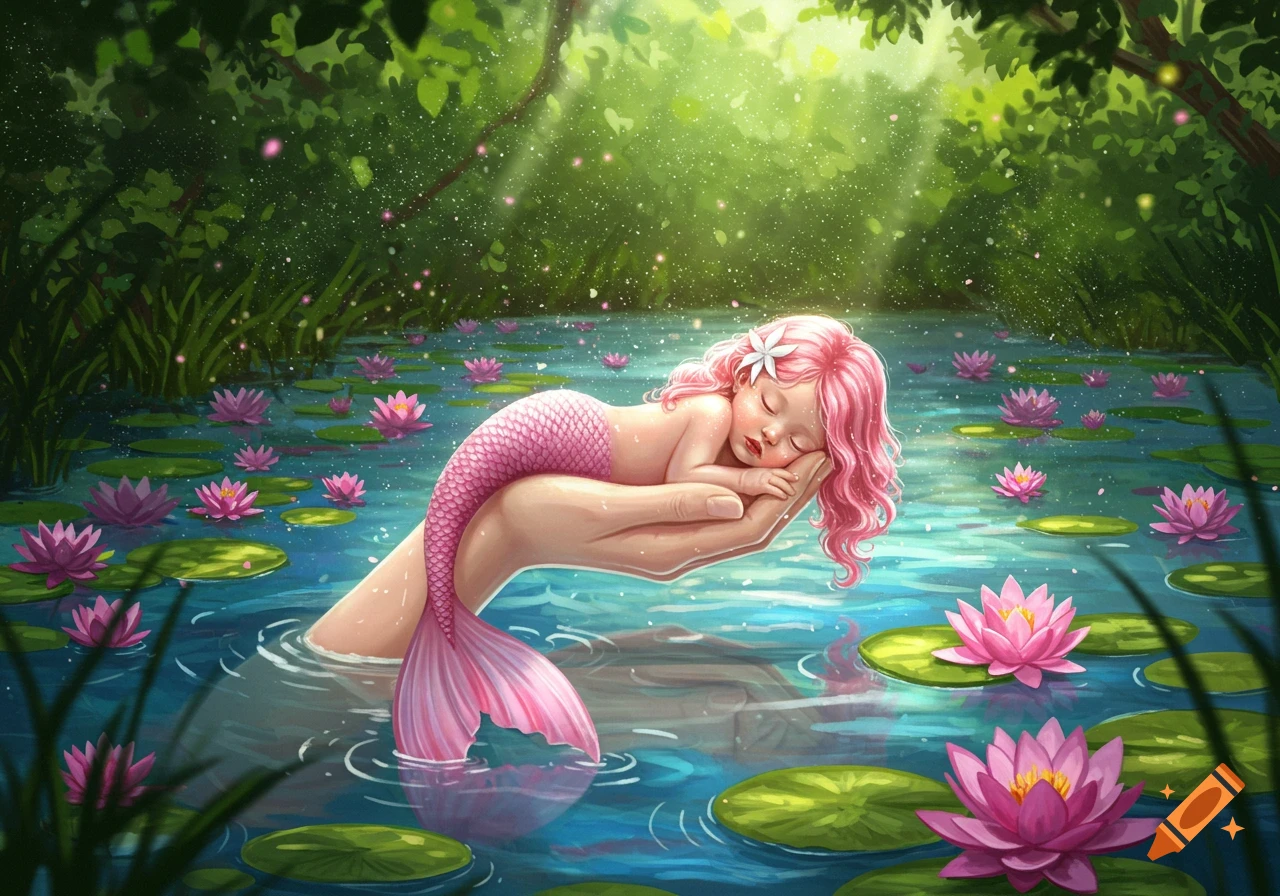 A baby mermaid with pink hair and tail sleeps in a hand emerging from a magical river with pink water lilies and lush green foliage, digital art.