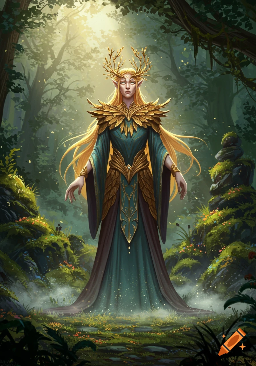 A mystical elf queen with golden antlers and a teal and gold dress ...