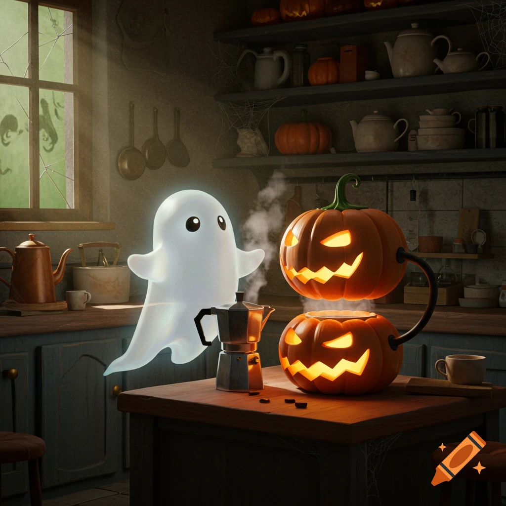 A cute, glowing ghost floats next to a steaming jack-o'-lantern coffee maker in a dimly lit, haunted kitchen with spiderwebs.