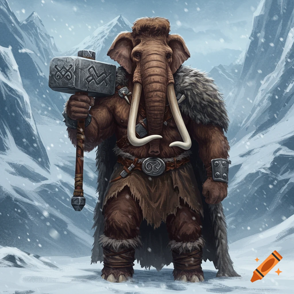 A towering, furry Loxodon barbarian with tusks holds a stone hammer in a snowy mountain landscape. Photorealistic fantasy art.