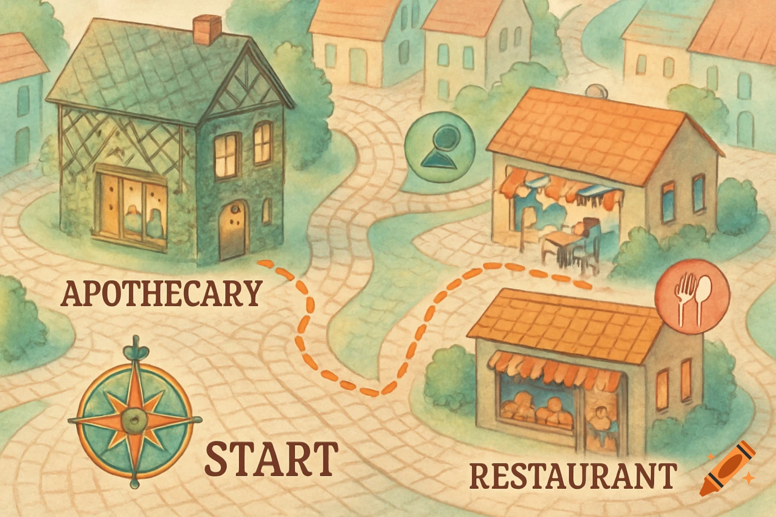 A watercolor-style map shows winding paths connecting an apothecary, a restaurant, and a start point with a compass rose in a small town setting.