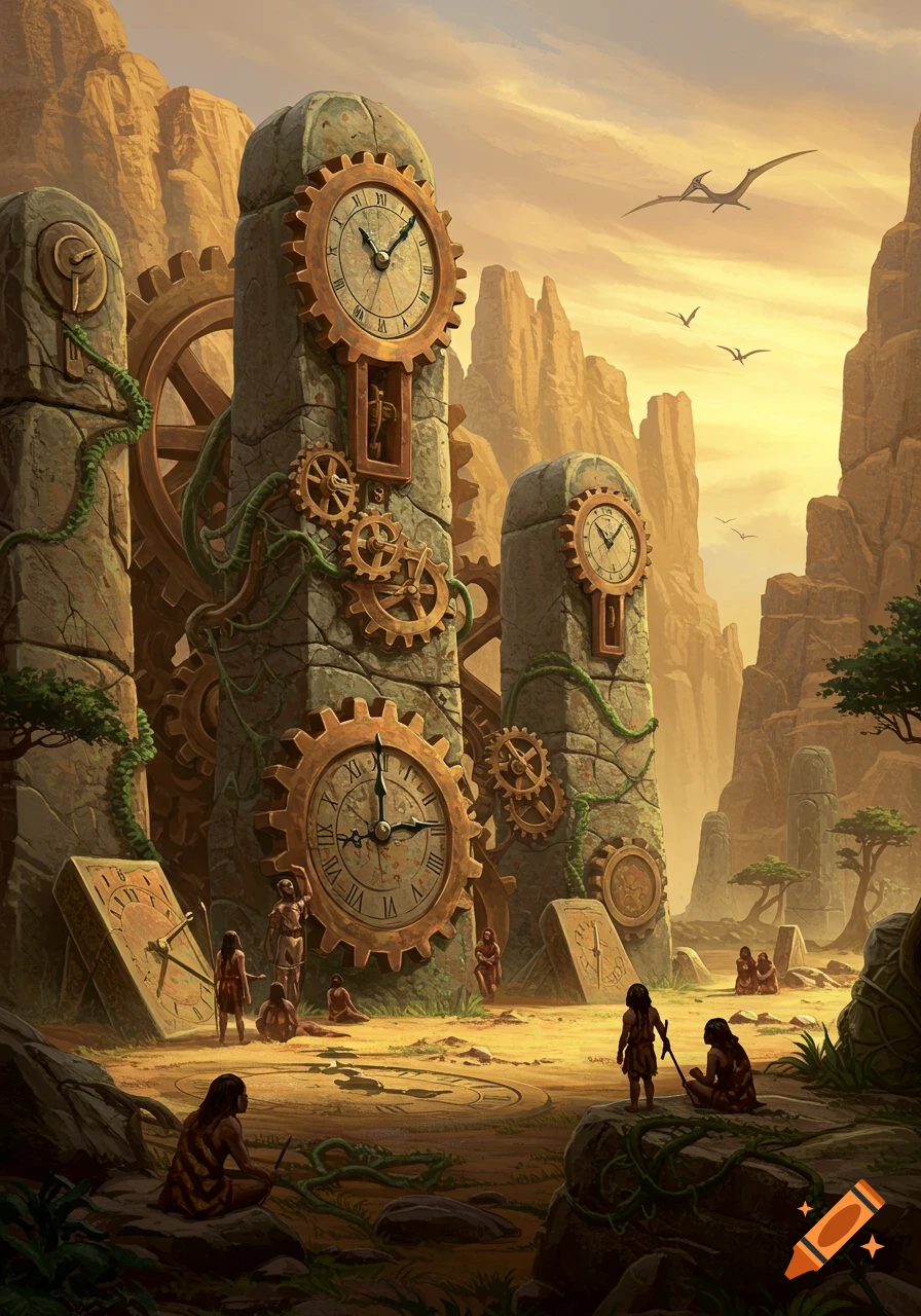 Fantasy art depicts primitive people around massive stone pillars with large clocks and gears, under a warm sky with flying pterodactyls.