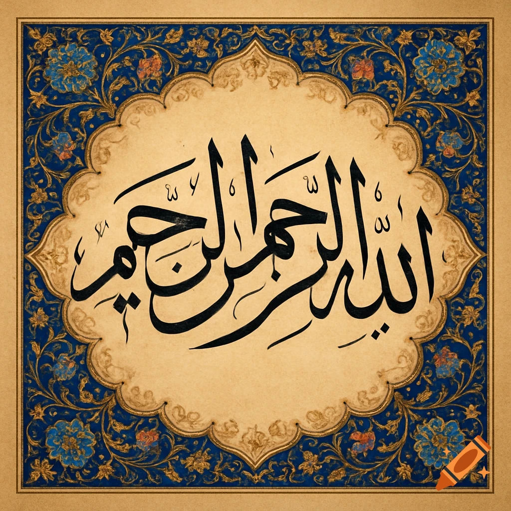 Ornate Islamic calligraphy of 'Bismillah al-Rahman al-Rahim' in a floral blue and gold frame.