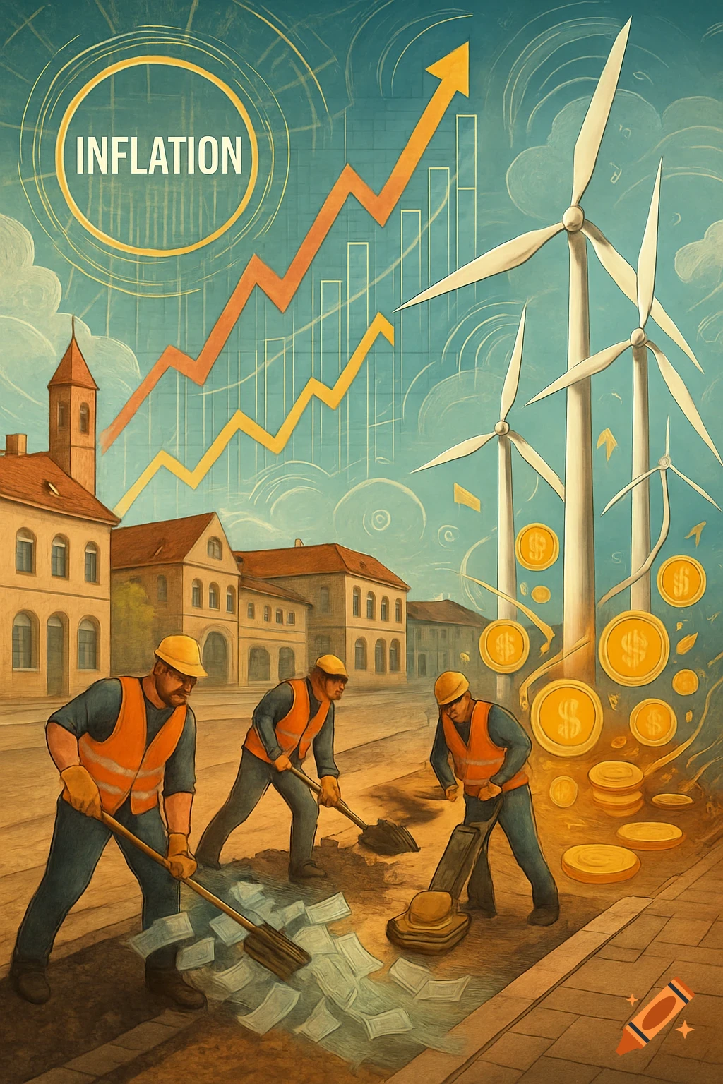 Illustration of inflation with workers shoveling money, rising graphs, wind turbines, and buildings in an urban setting.