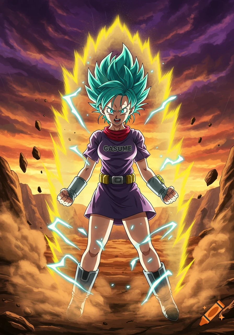 Anime character Bulma with teal spiky hair and yellow aura, in a purple dress, standing in a rocky landscape.