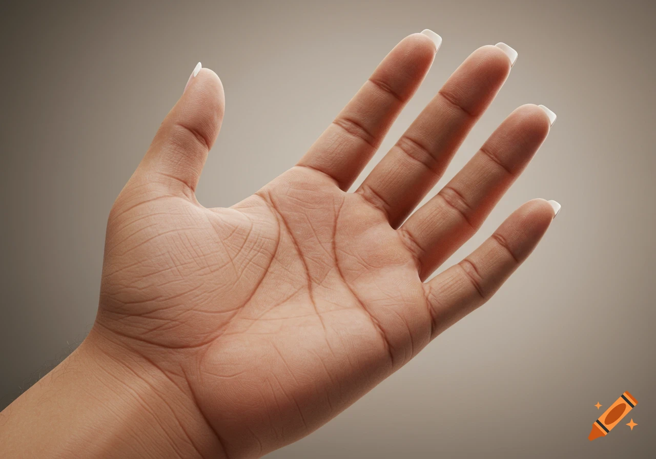 Close-up of a human hand with a french manicure, showing detailed palm lines against a smooth gradient background.
