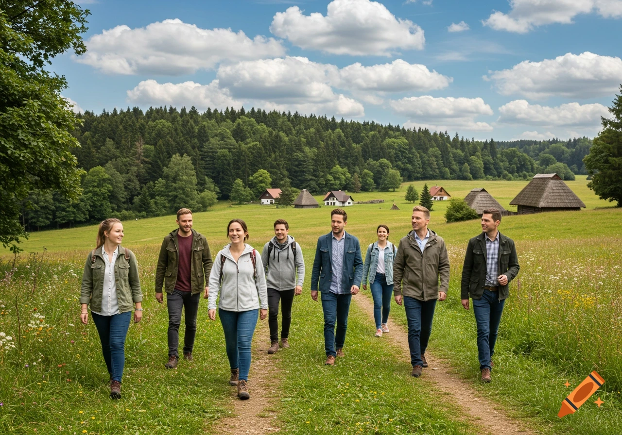 A diverse group of people hiking on a dirt path through a sunny green meadow with forests and traditional houses, photorealistic.