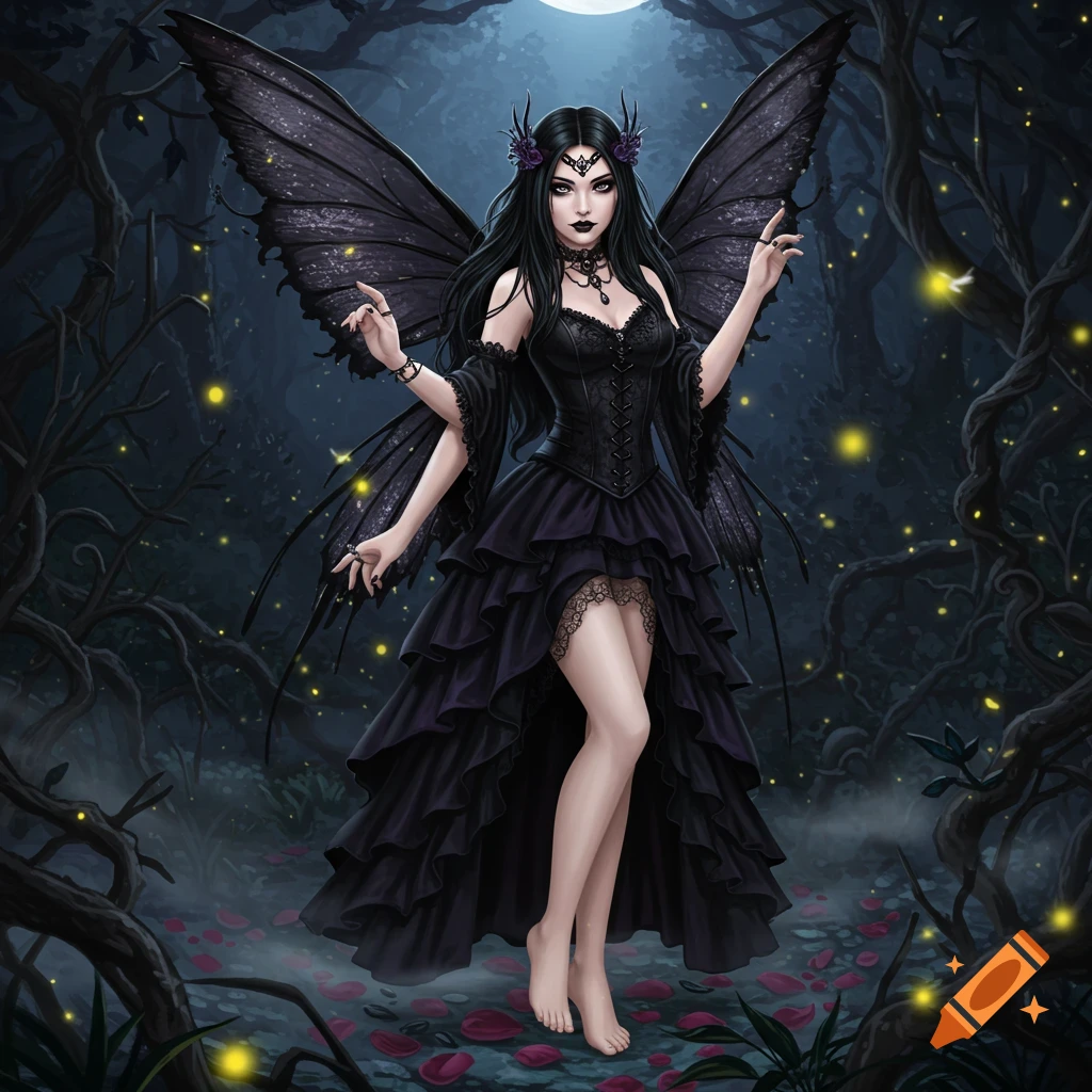 A gothic fairy with long black hair, black wings, and a dark ruffled dress stands in a moonlit forest with fireflies and red petals. Illustration.