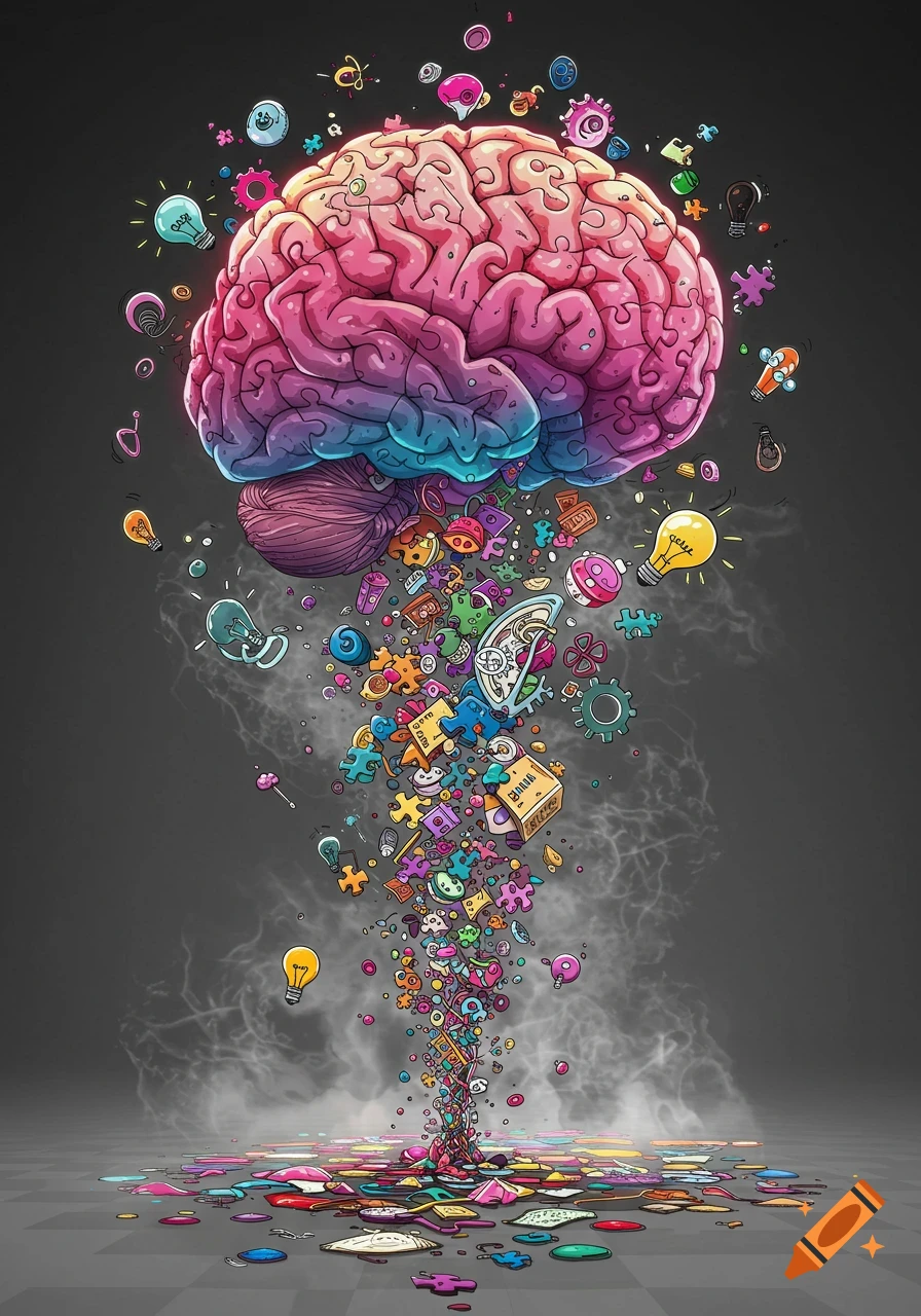 A vibrant, cartoon-style brain expelling a torrent of colorful puzzle pieces, lightbulbs, gears, and various abstract objects, creating a stream that lands on a smoky, dark gray floor.