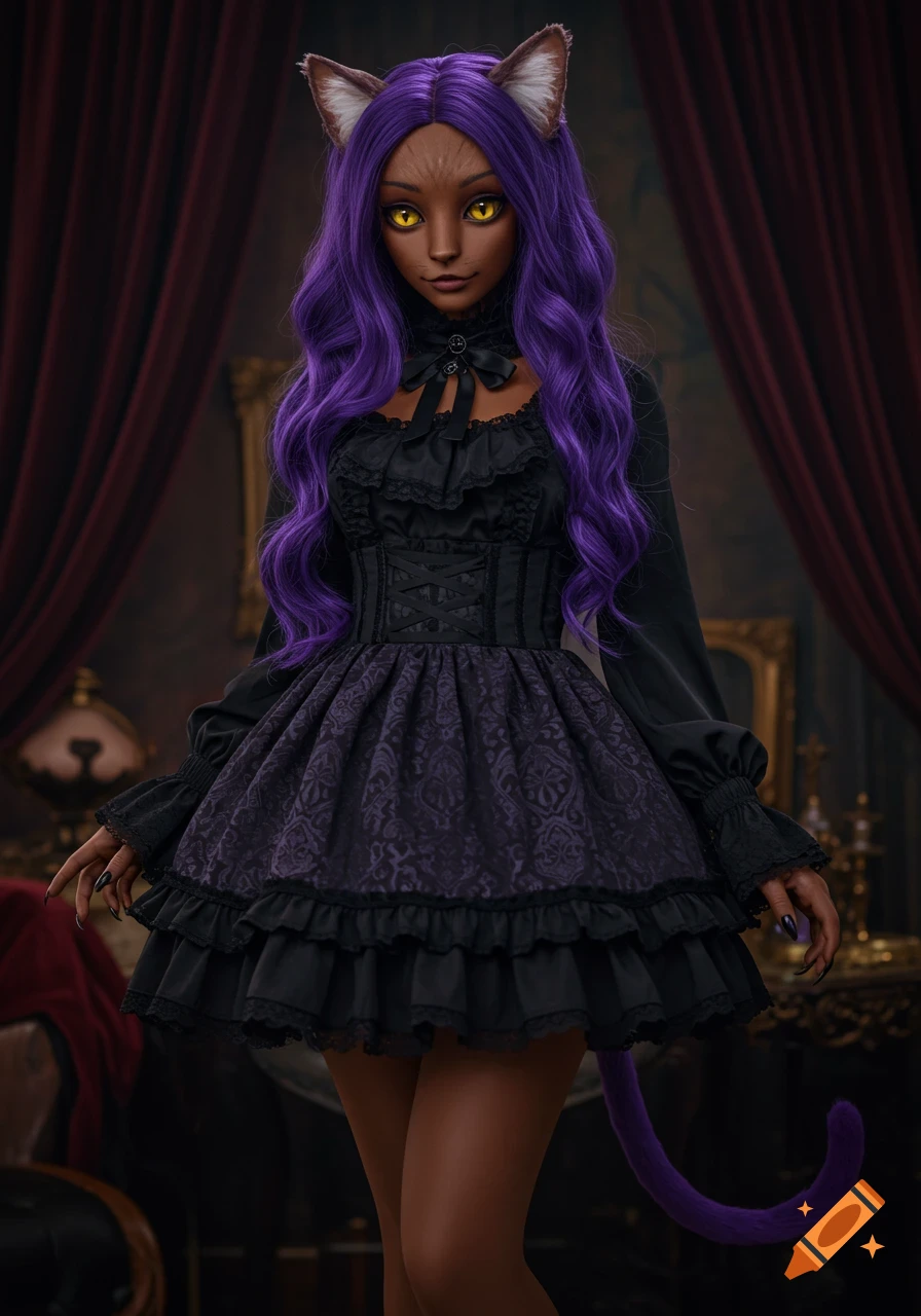A catgirl with dark skin, long purple hair, and glowing yellow eyes wears a black and dark purple gothic lolita dress, with cat ears and a purple tail in a photorealistic style.