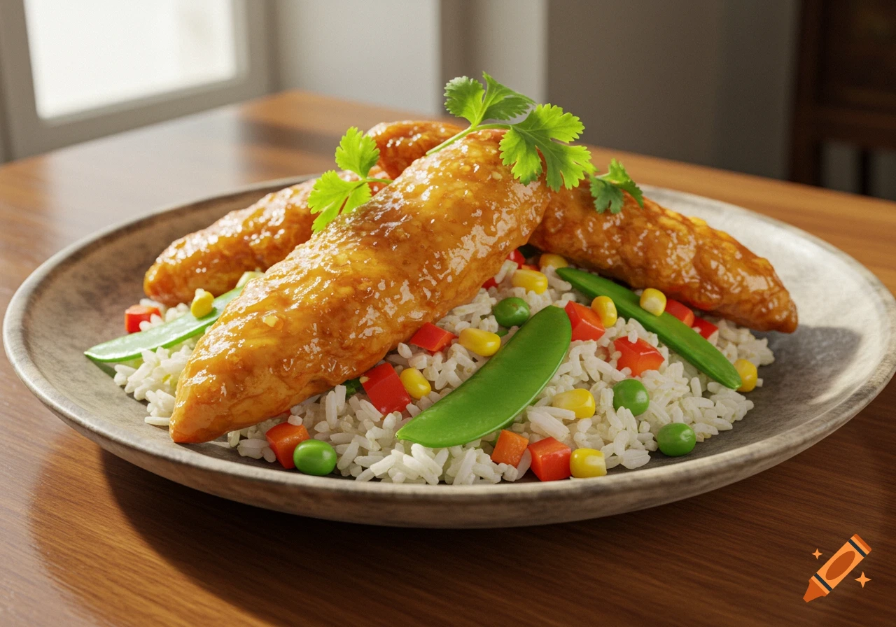 Glazed chicken tenders on white rice with mixed vegetables (corn, peas, bell peppers, snap peas), garnished with cilantro on a plate.