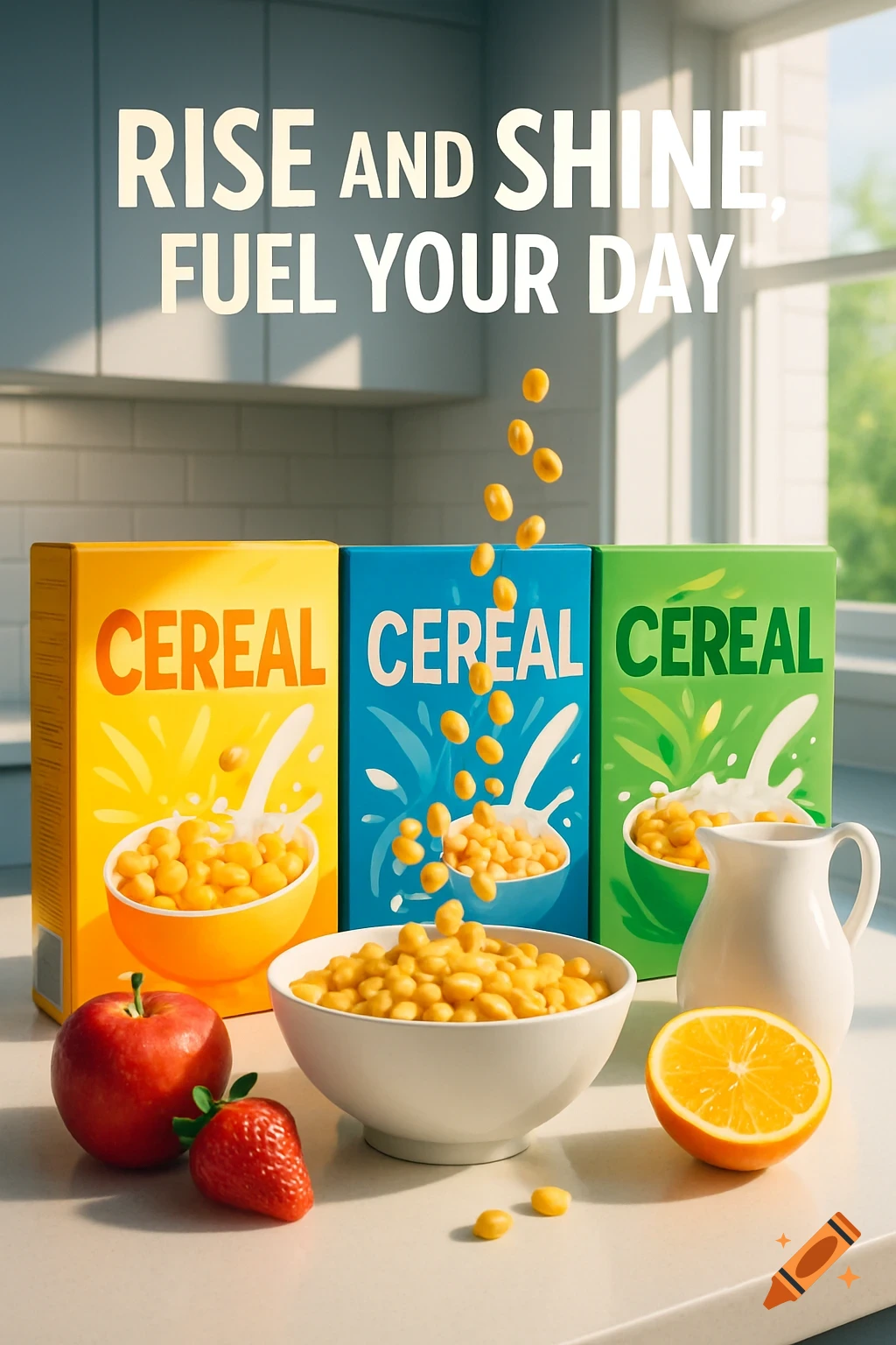 Three colorful cereal boxes, a bowl of cereal with falling pieces, fresh fruit, and a milk pitcher on a kitchen counter, with the slogan 'RISE AND SHINE, FUEL YOUR DAY'.