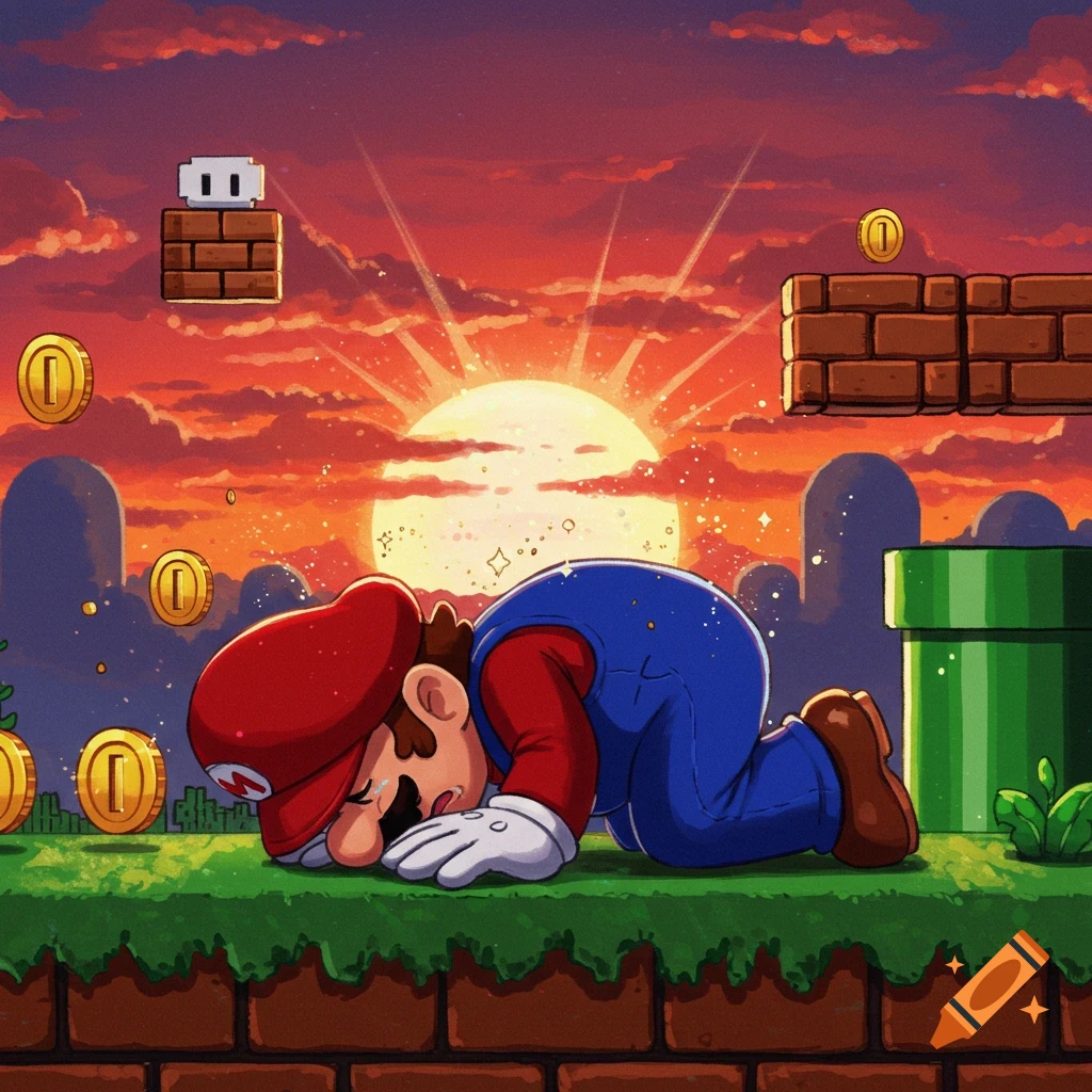 Mario lies face down on a pixelated grass platform at sunset, surrounded by game elements like coins and blocks.