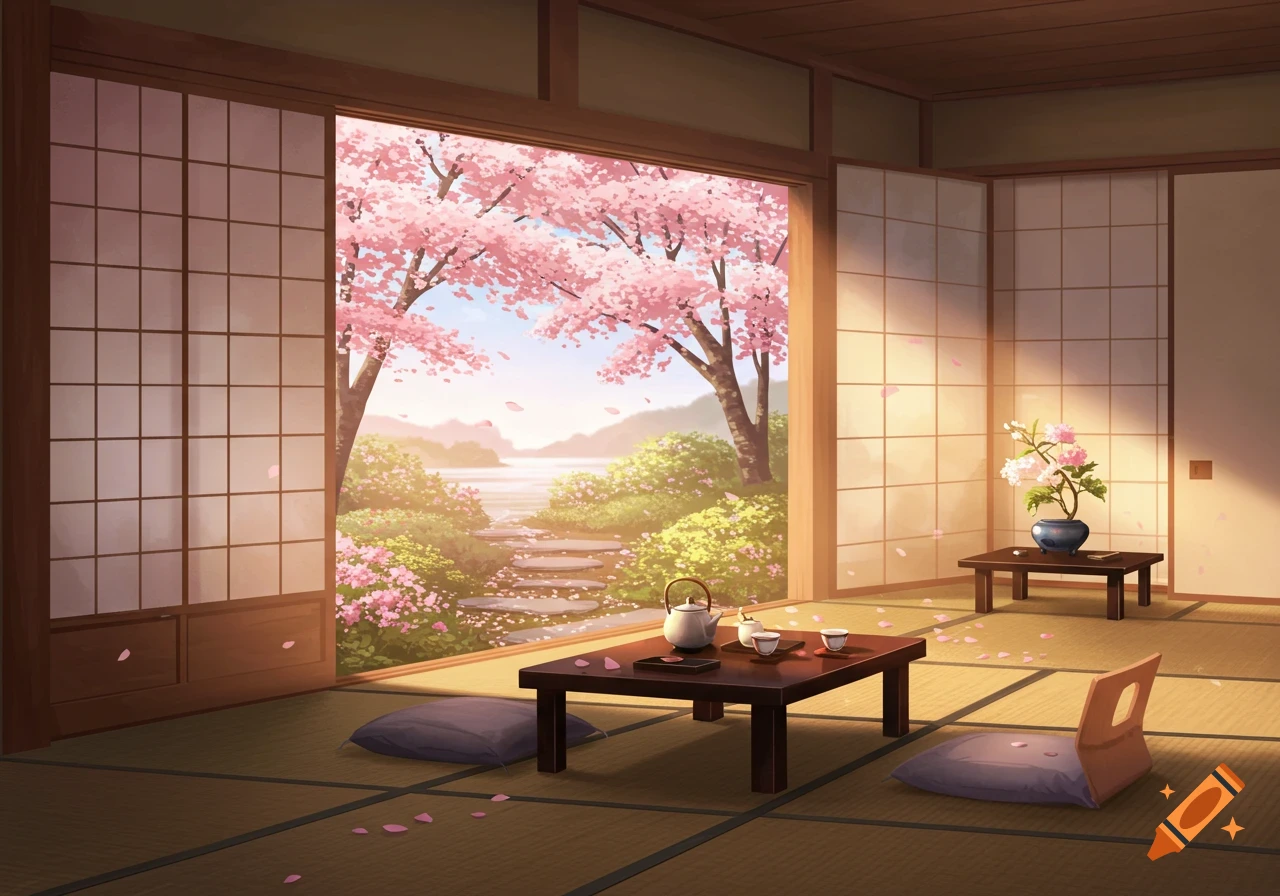 Peaceful anime illustration of a Japanese room with shoji screens open to a cherry blossom garden, a low tea table inside.