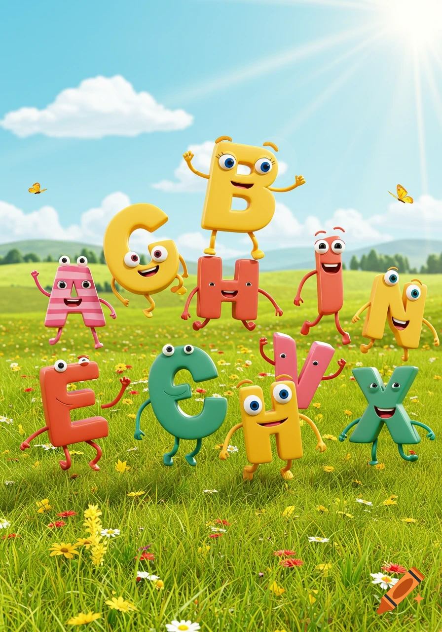 A group of colorful, anthropomorphic alphabet letters with faces and limbs dance in a sunny green field with wildflowers.