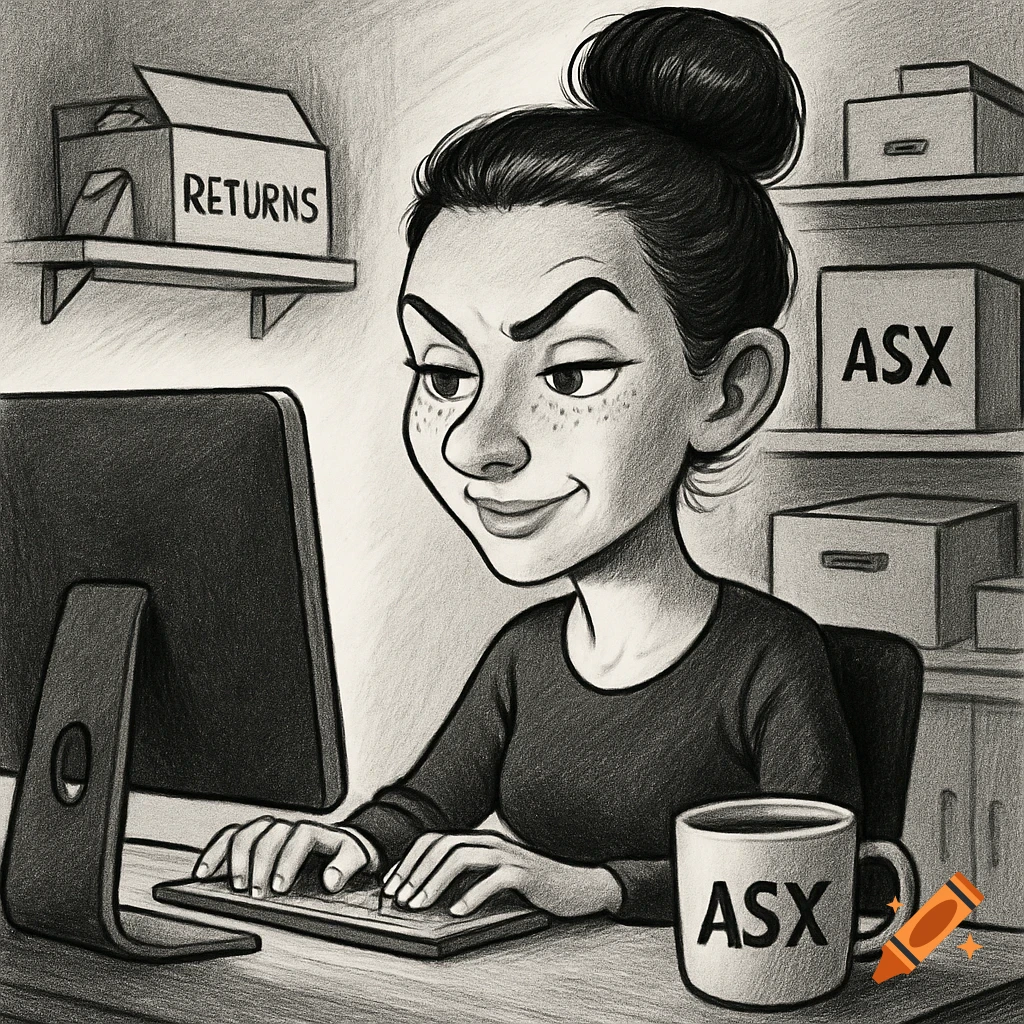 Black and white caricature of a freckled woman with a bun working on a computer at her home office desk, with 'RETURNS' boxes and an 'ASX' mug.