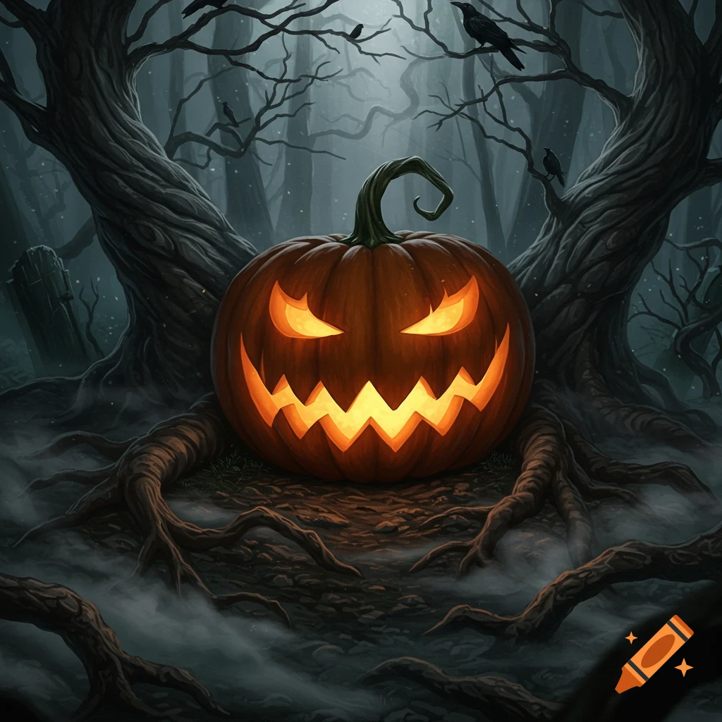 A glowing jack-o'-lantern with a scary face sits among roots in a foggy, dark, gnarled forest with crows, in a spooky illustration.