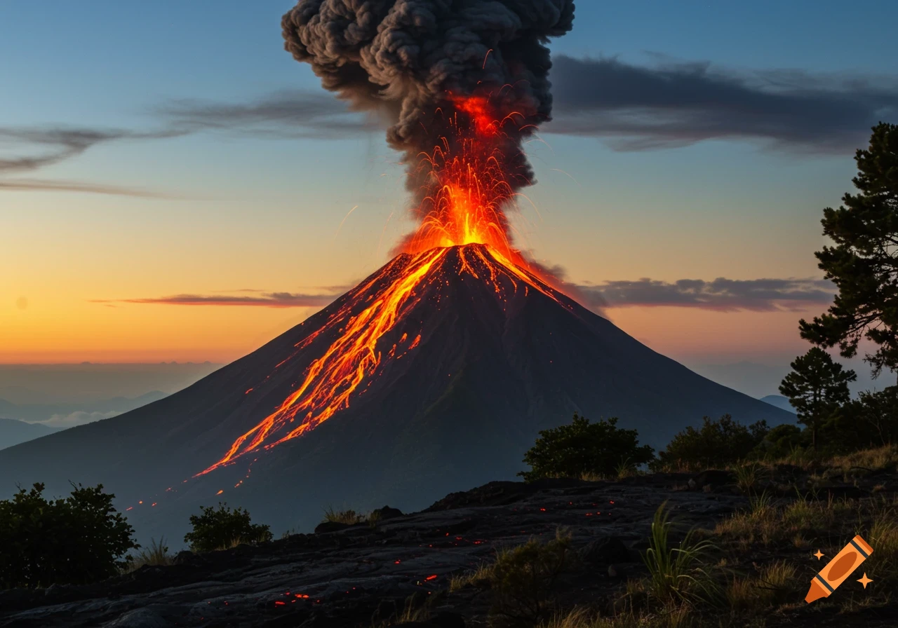 Photorealistic image of a volcano erupting at sunset, with lava flowing down its sides and smoke billowing from the crater.