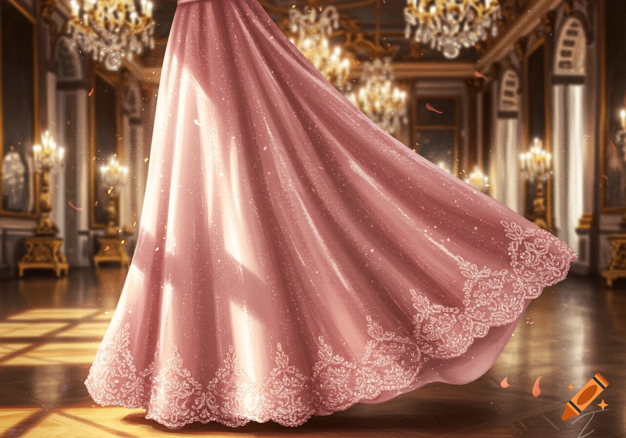 A flowing, sparkling pink dress with ornate lace trim, illuminated by light in a grand, chandelier-lit ballroom.