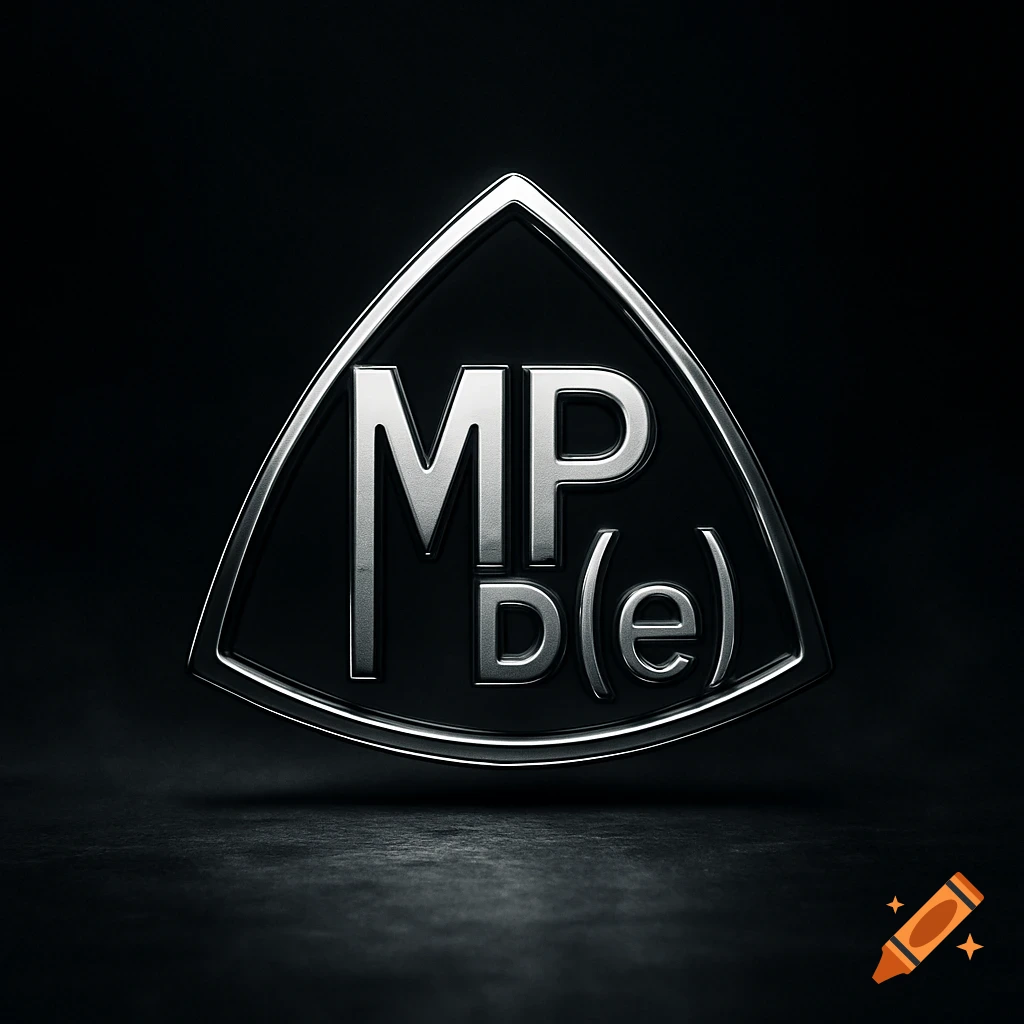 A shiny metallic chrome logo with the letters 'MP D(e)' inside a stylized Maybach triangle on a dark, moody background.