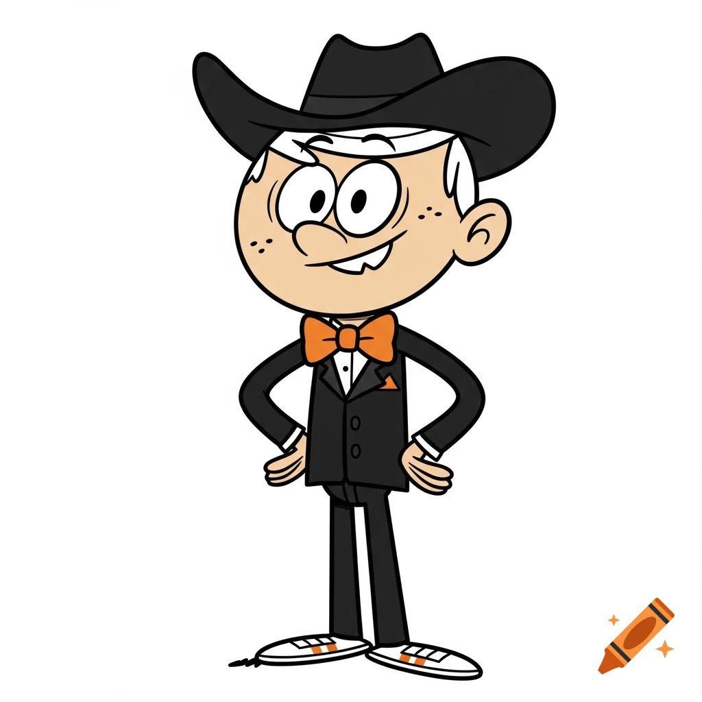 Lincoln Loud in a black tuxedo with an orange bow tie, white sneakers, and black cowboy hat on a white background, clipart style.